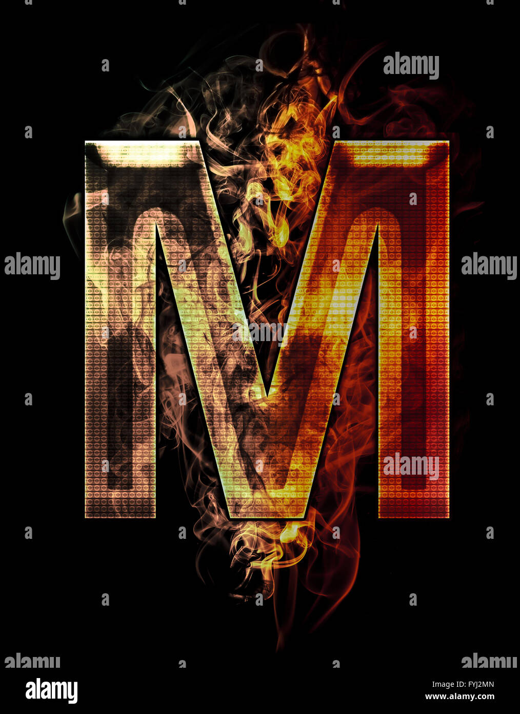 m, illustration of letter with chrome effects and red fire on black