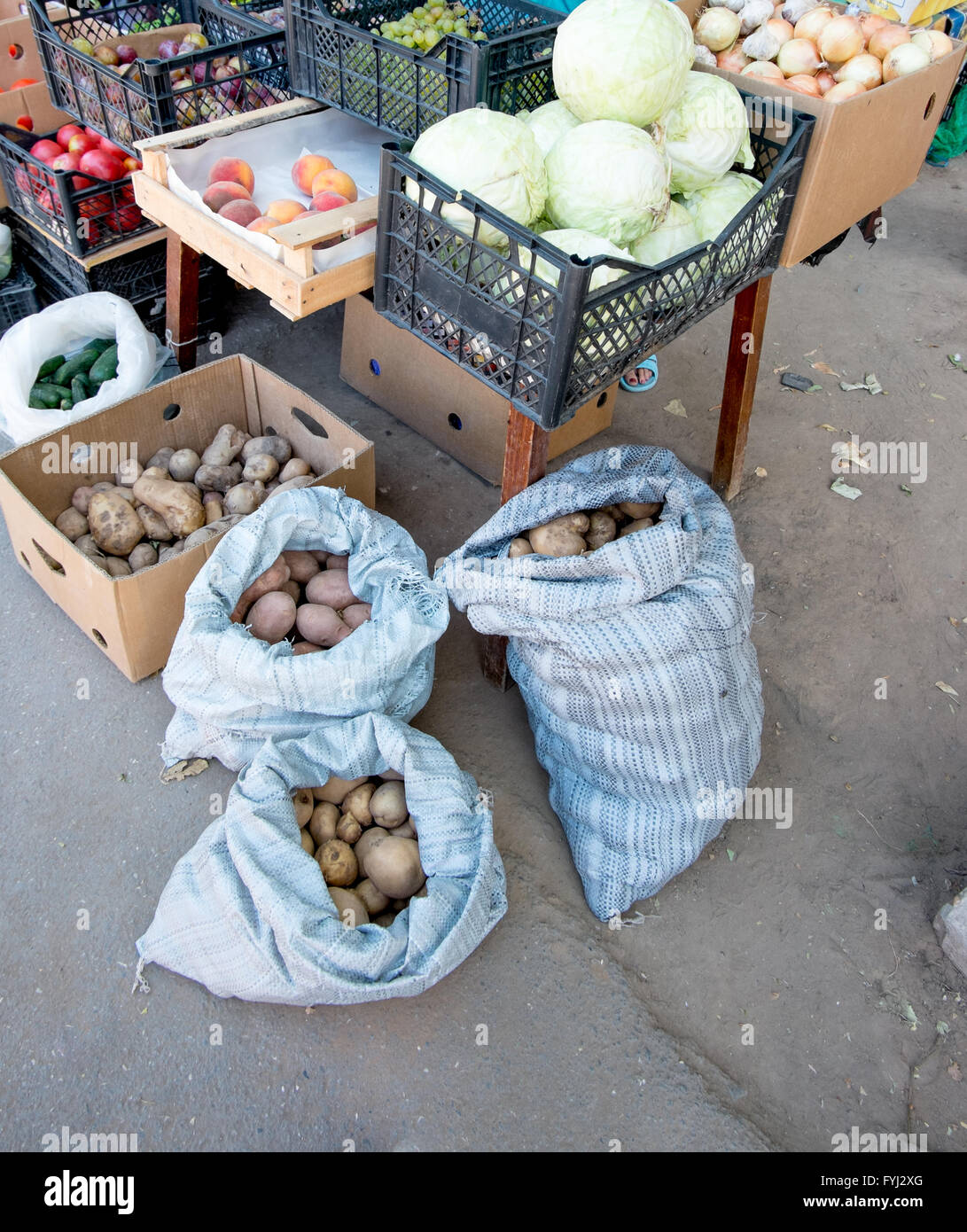 Potatoes in bags, fruit and vegetables stall in Russia Stock Photo Alamy