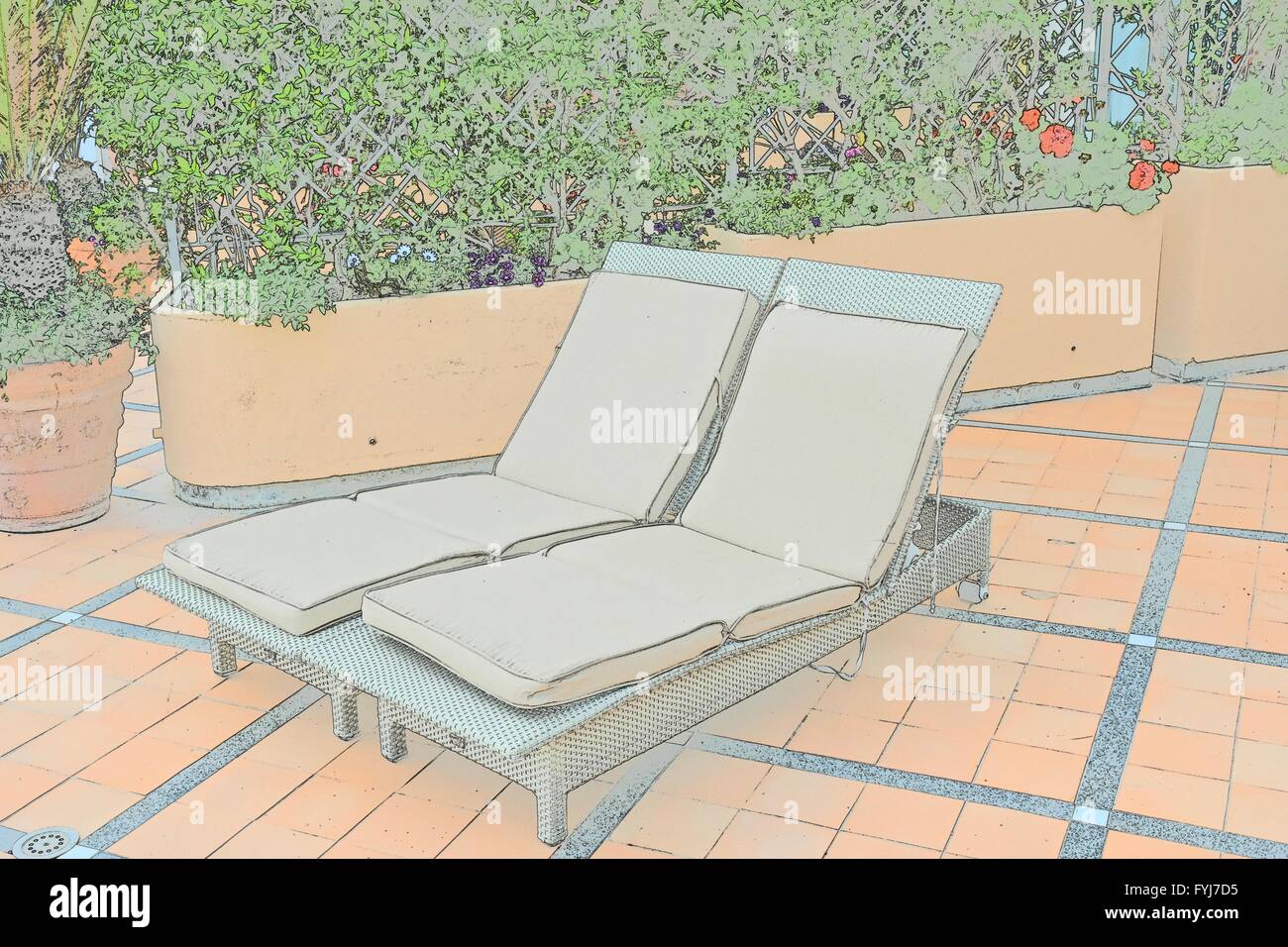 Rooftop lounge with pool chairs Stock Photo