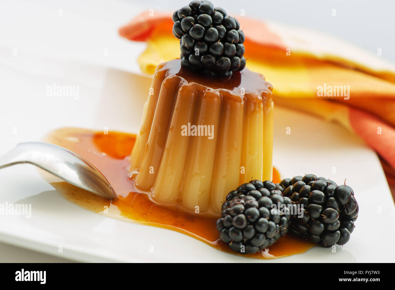 caramel pudding with fruit Stock Photo