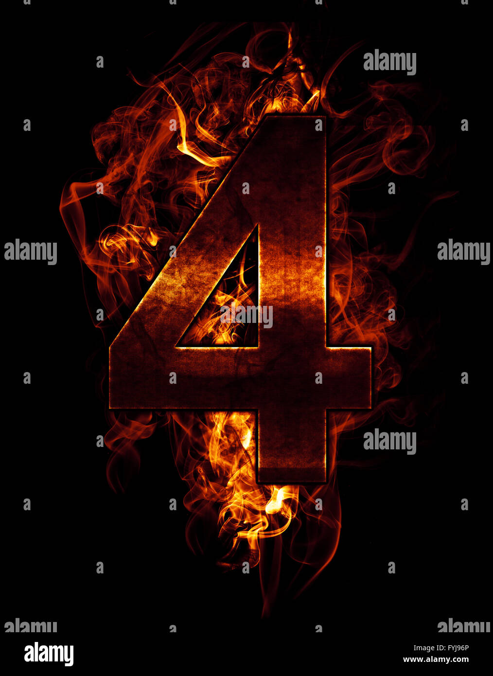 four, illustration of  number with chrome effects and red fire on black background Stock Photo