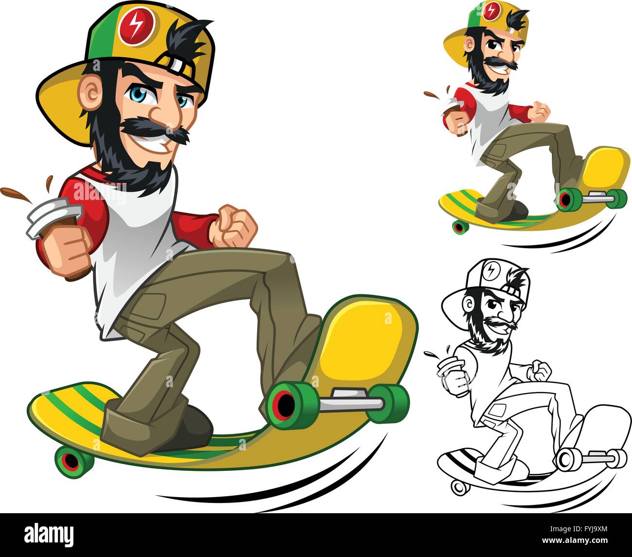 Hipster On Long Board Cartoon Character Include Flat Design and Line Art Version Vector Illustration Stock Vector