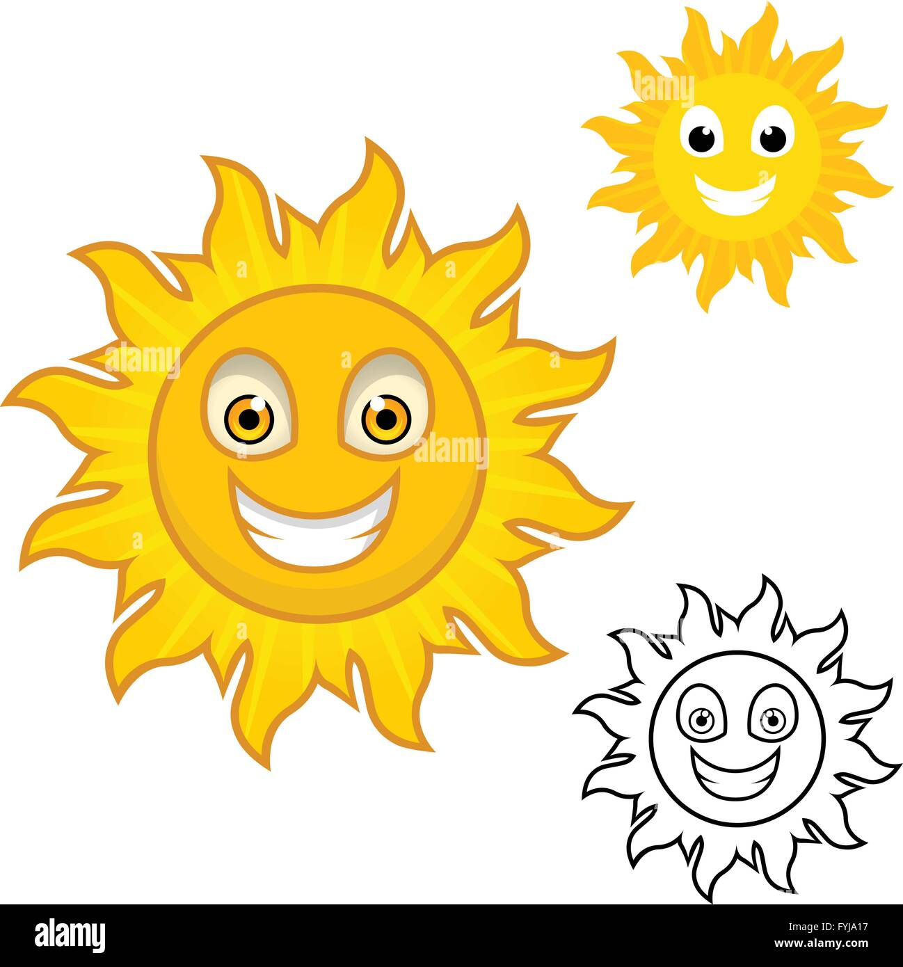 Sun Cartoon Character Include with Flat Design and Outlined Version Vector Illustration Stock Vector