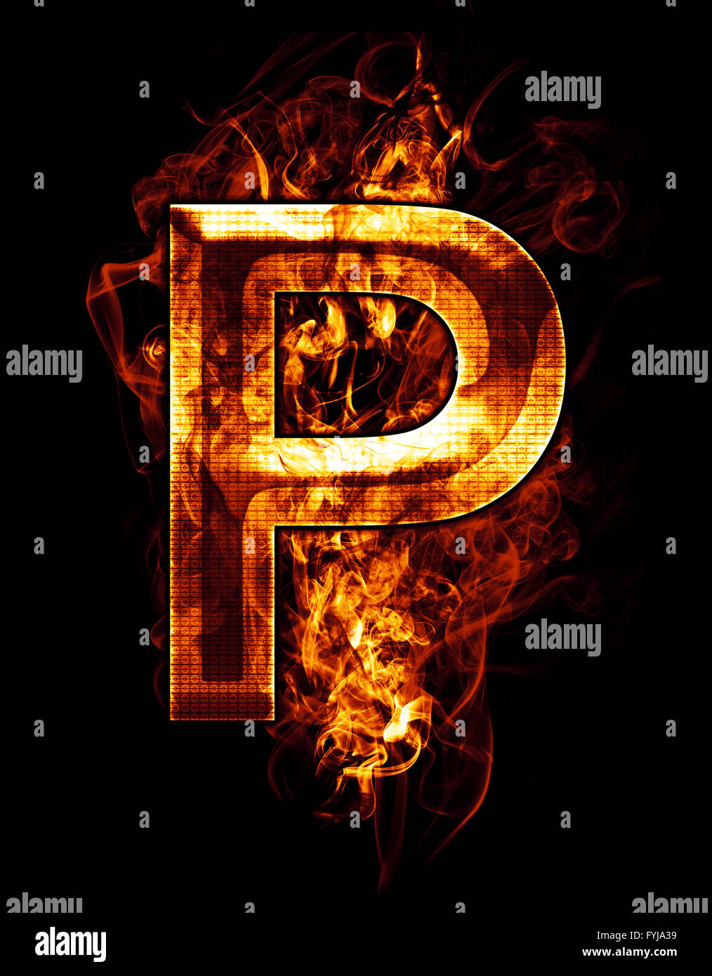 p, illustration of  letter with chrome effects and red fire on black background Stock Photo