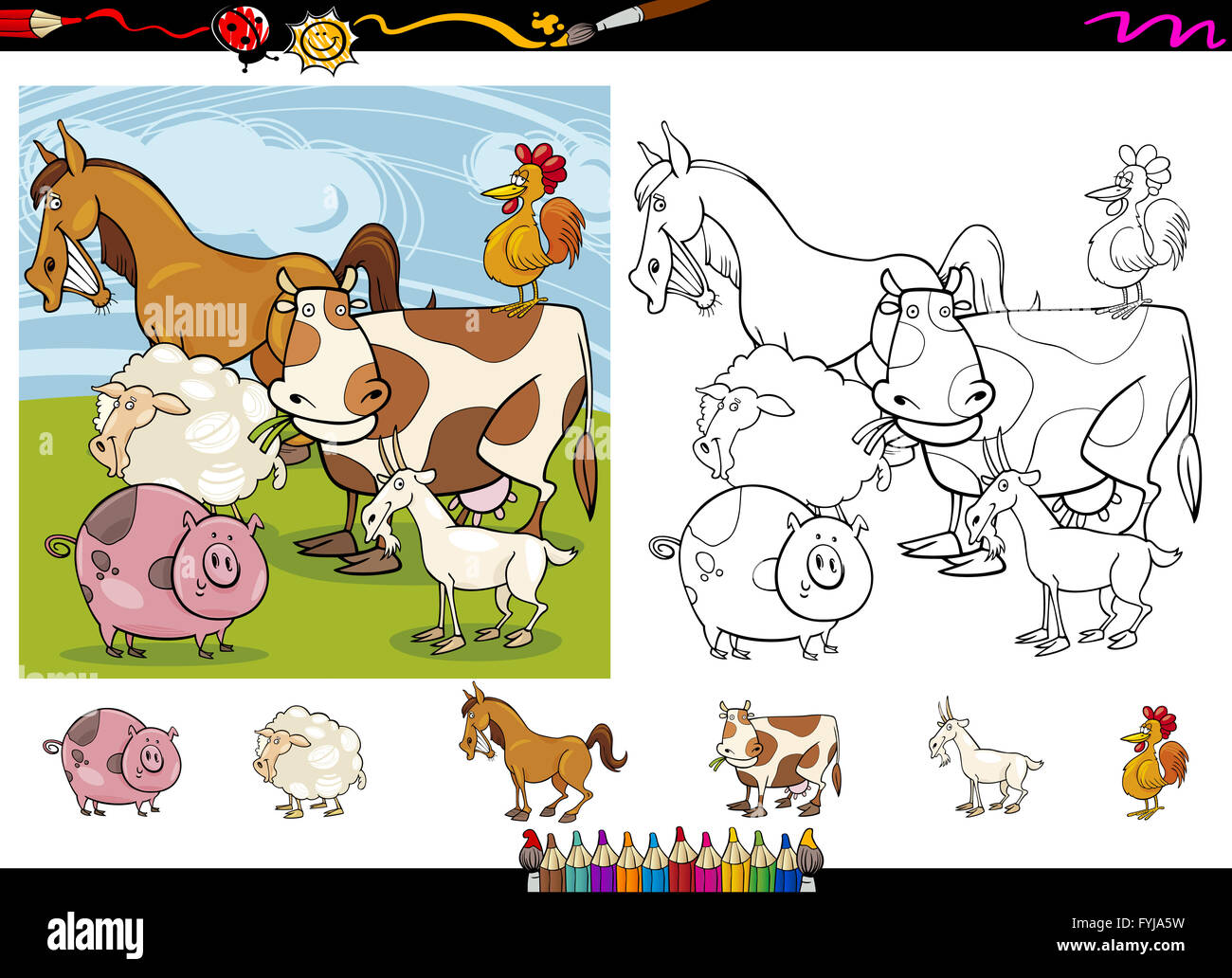 farm animals cartoon coloring page set Stock Photo - Alamy