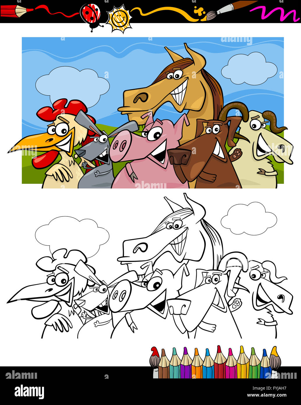farm animals cartoon for coloring book Stock Photo