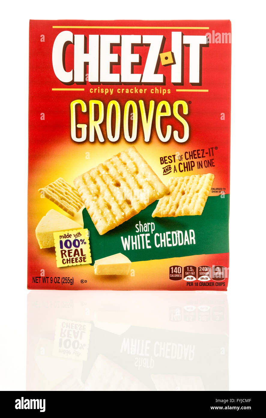 Winneconne, WI - 26 April 2016: Box Cheez it grooves in white cheddar flavor on an isolated background Stock Photo