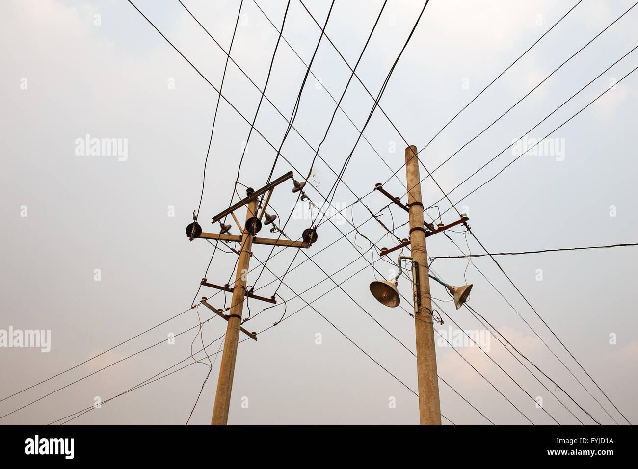 Electricity powerlines in Lashio, Myanmar. Stock Photo