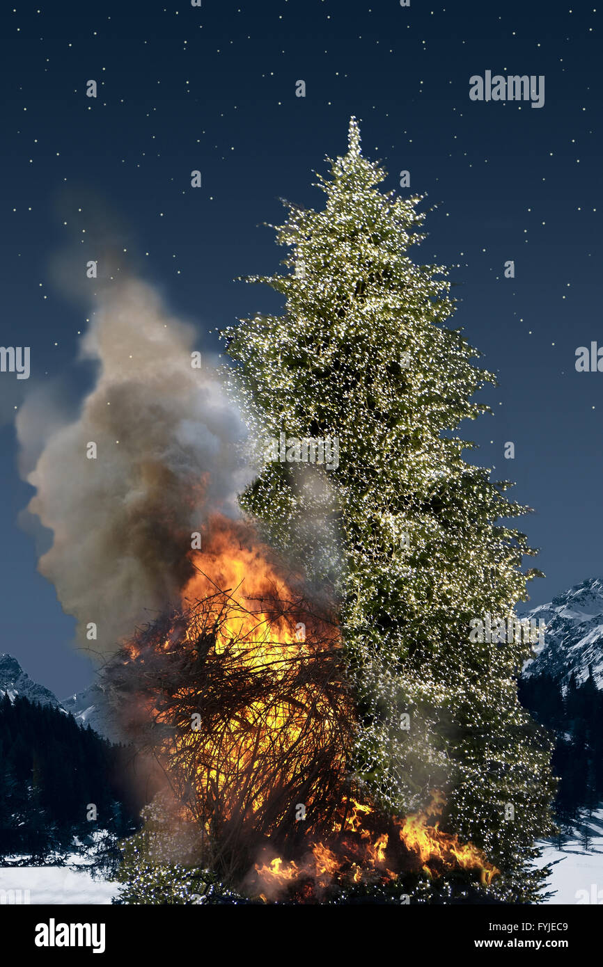 Christmas Tree in flames Stock Photo