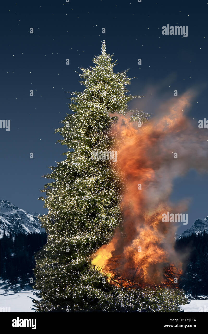 Christmas Tree in flames Stock Photo