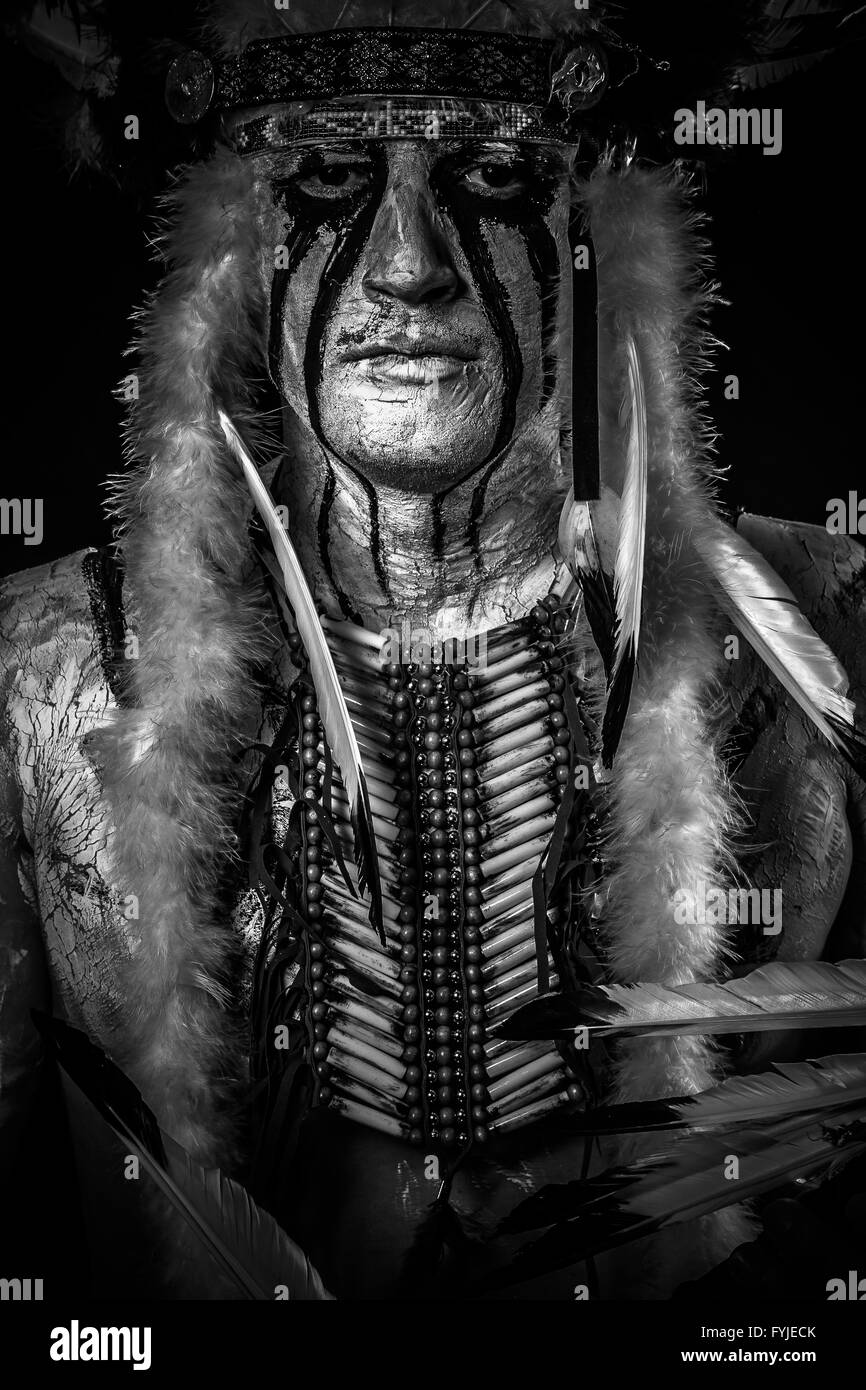 Native, American Indian chief with big feather headdress Stock Photo ...