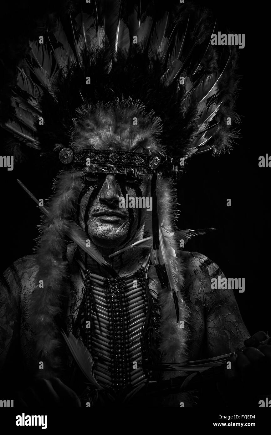 traditional Native, American Indian chief with big feather headdress ...