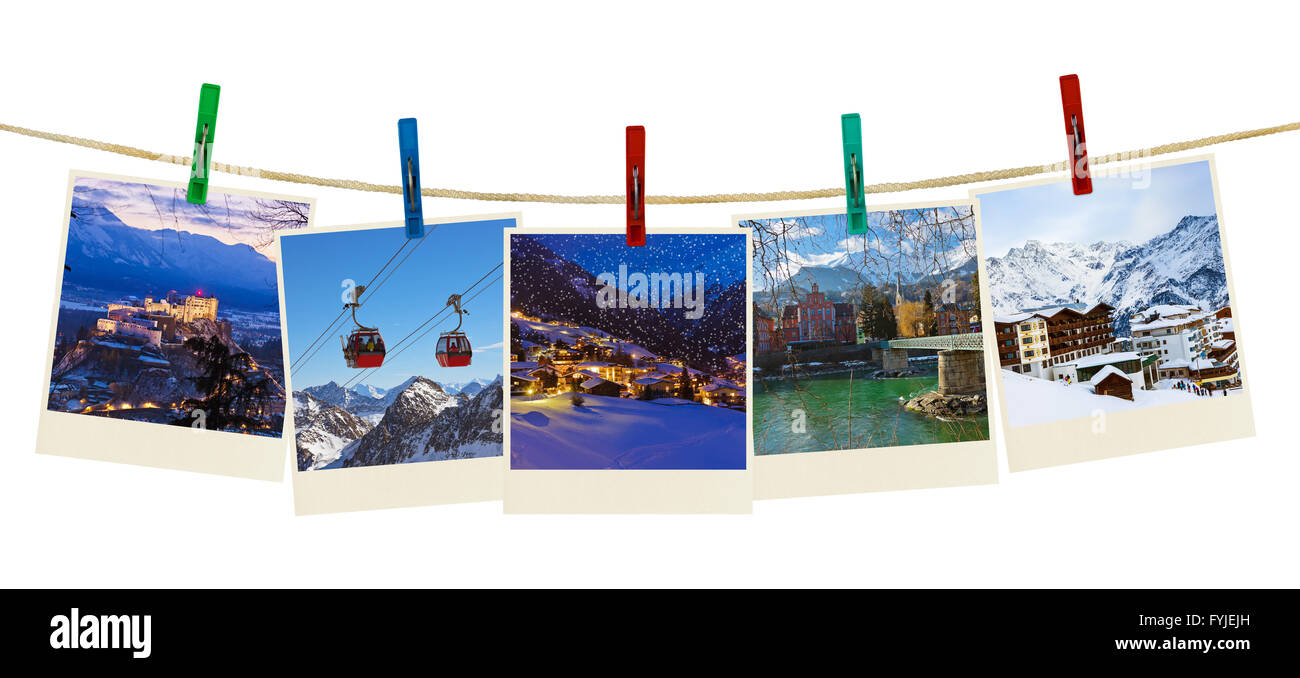 Austria mountains ski photography on clothespins Stock Photo