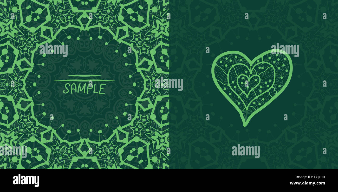 Ornamental green vector square flyer card design. Invitation card. Heart shaped vintage decorative element. Hand drawn backgroun Stock Photo