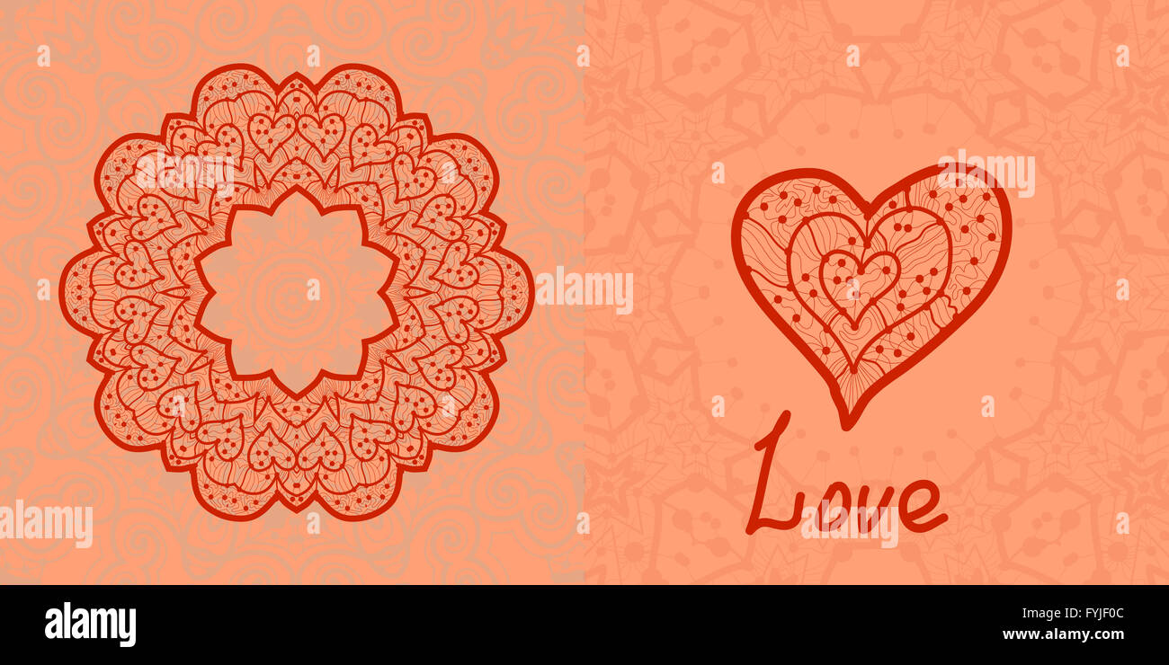Love card. Valentine flayer template. Wedding invitation. Mandala like stylized flower and heart shapes, asian motif Stock Photo