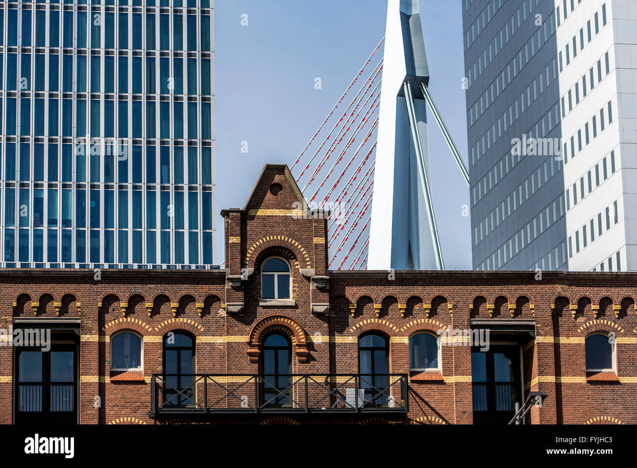 skyline of Rotterdam, facades of new and old historic buildings, pylon