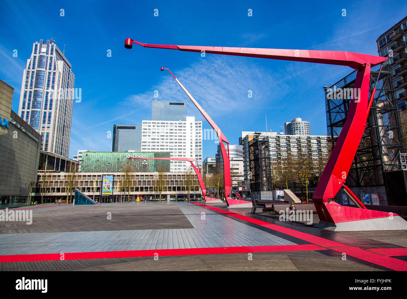 Downtown, Schouwburgplein, square in the city center, with various cultural institutions and art installations, Rotterdam Stock Photo