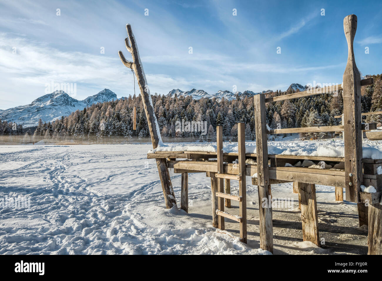 Winter Landscape at Lej da Staz, Engadine, Grisons, Switzerland Stock Photo