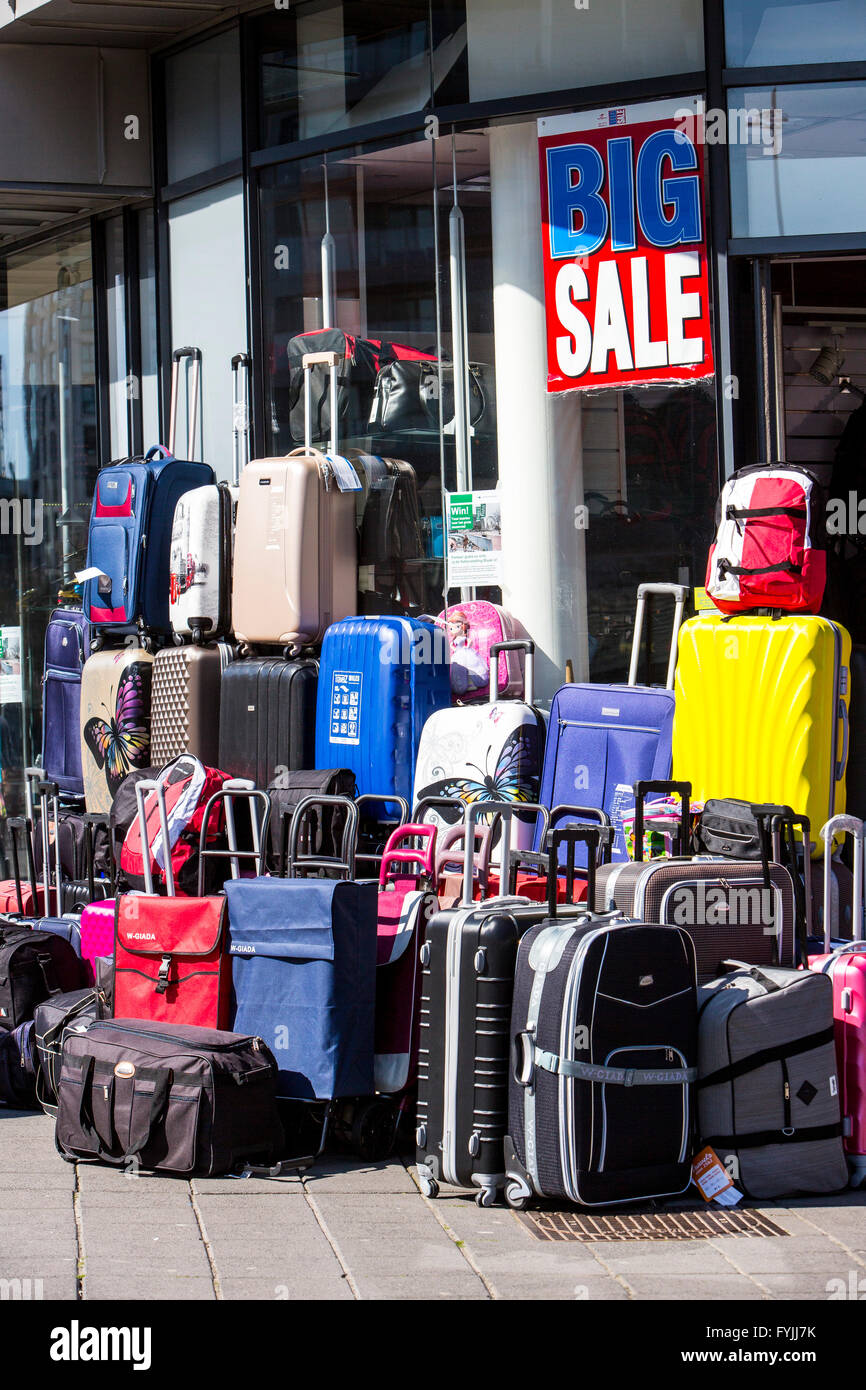 Downtown, skyline of Rotterdam, shop for suitcases and traveling bags, Netherlands, Stock Photo