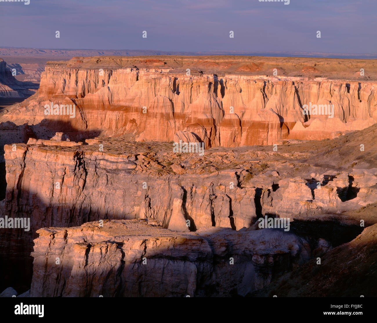 USA, Arizona, Coconino County, Moenkopi Plateau, Evening light defines eroded sandstone formations. Stock Photo