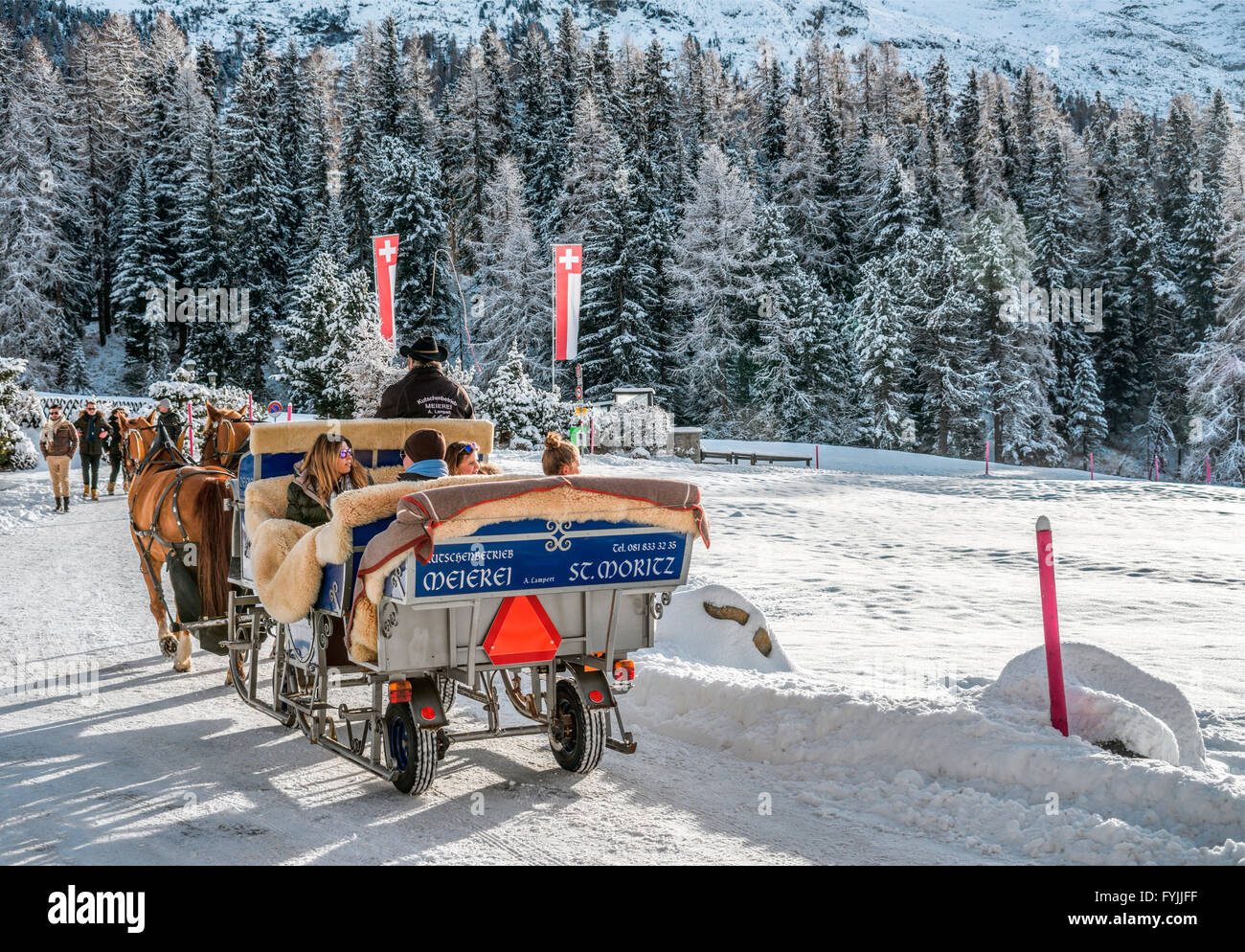 Sleigh in a Winter Landscape at Lake St Moritz, Engadine, Grisons, Switzerland Stock Photo