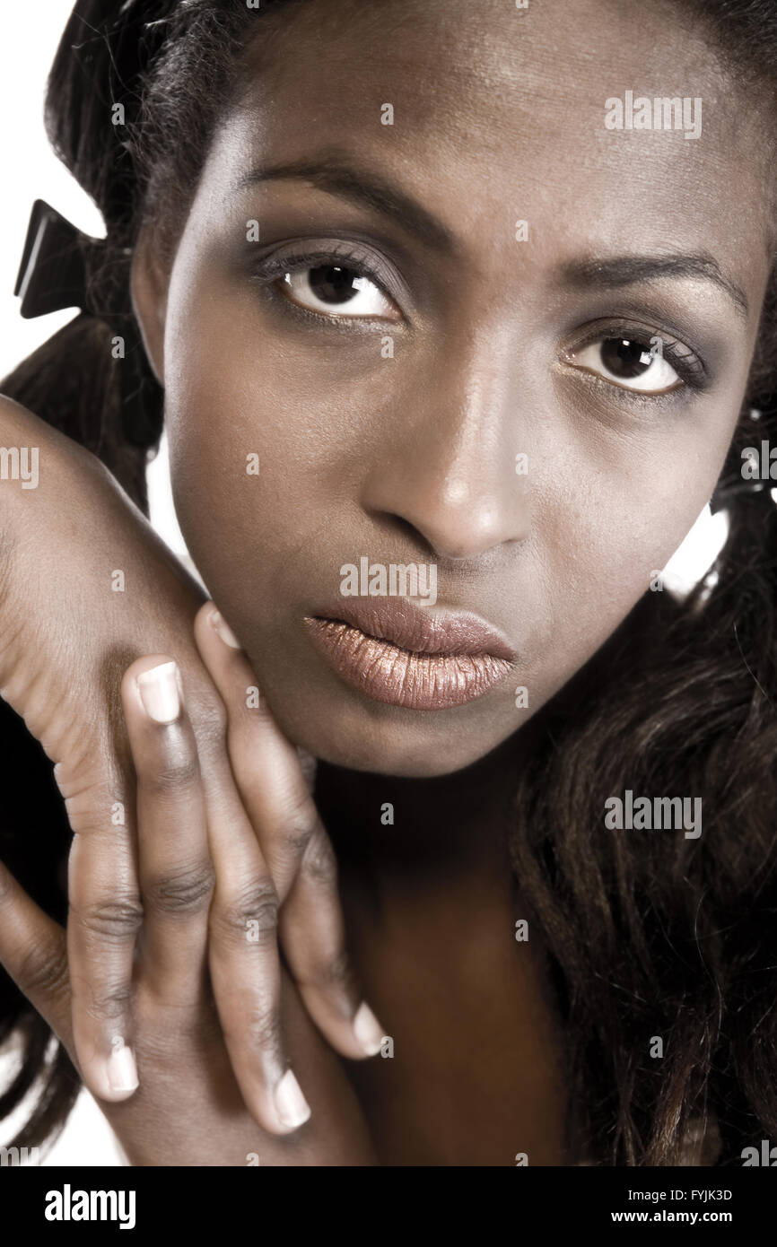 Dark female model paying attention Stock Photo