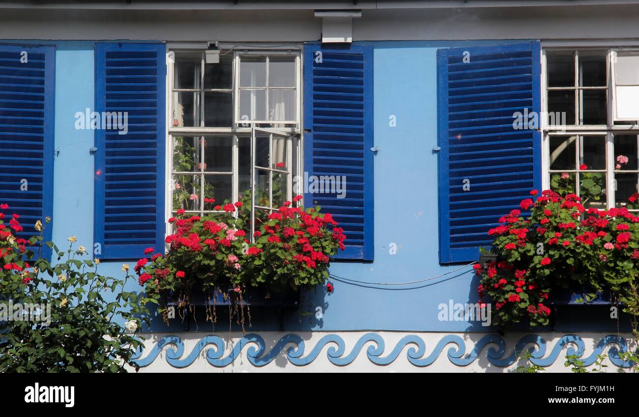 Blue building with flowers and open windows Stock Photo