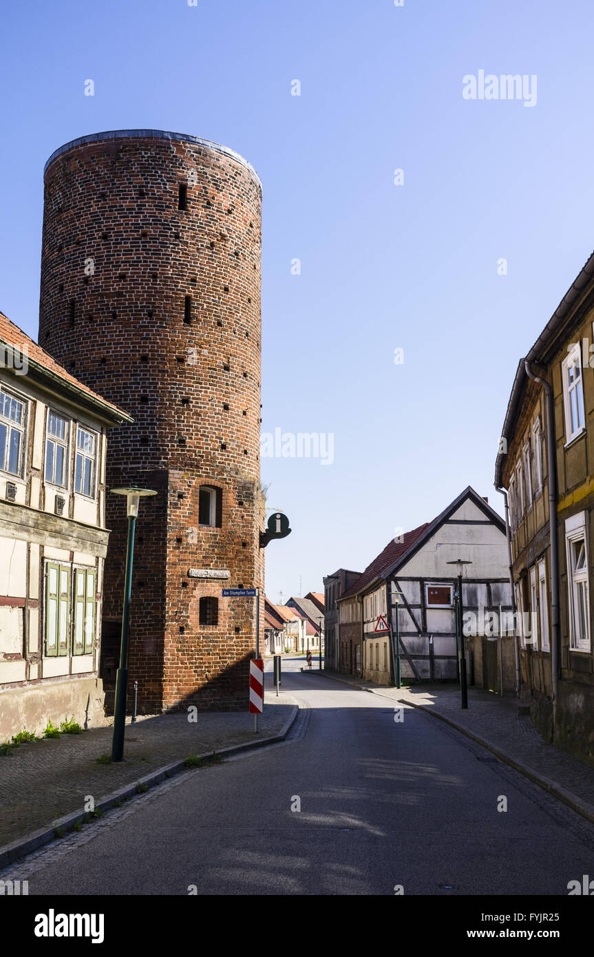 Blunt tower in Lenzen Elbe, Brandenburg, Germany Stock Photo