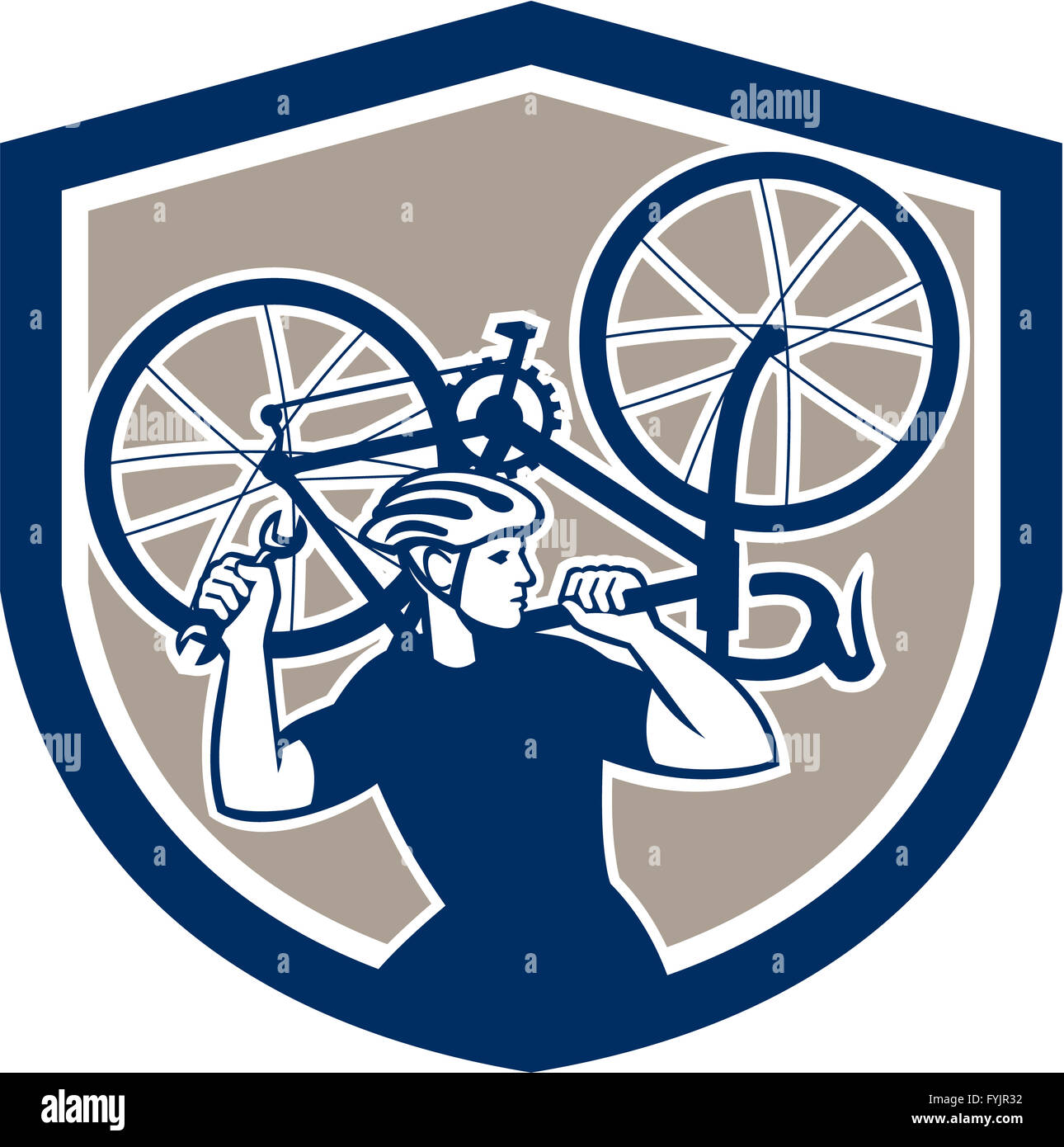 Bicycle Mechanic Carry Bike Shield Retro Stock Photo Alamy
