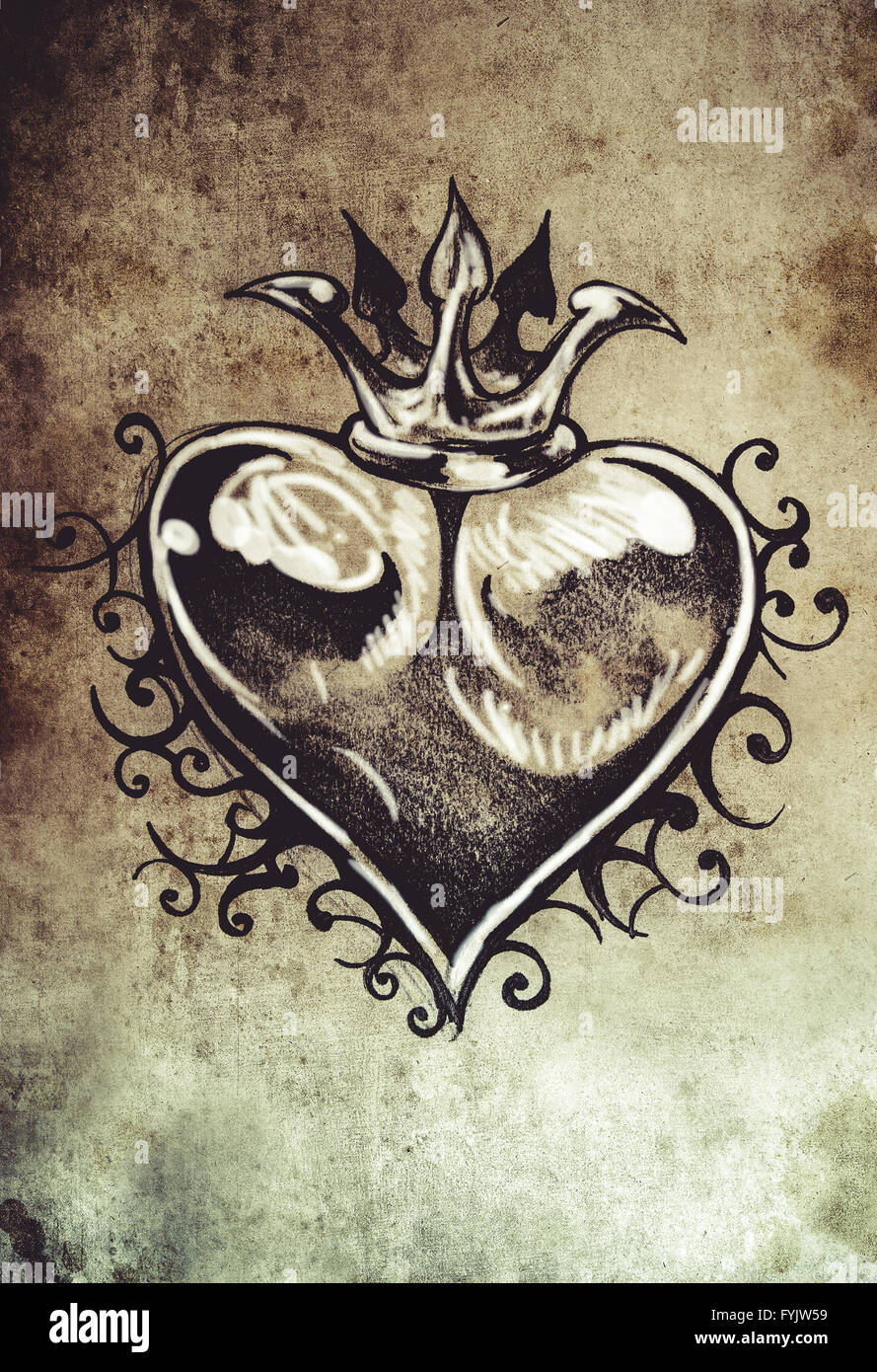 Heart Tattoo Sketch Handmade Design Over Vintage Paper