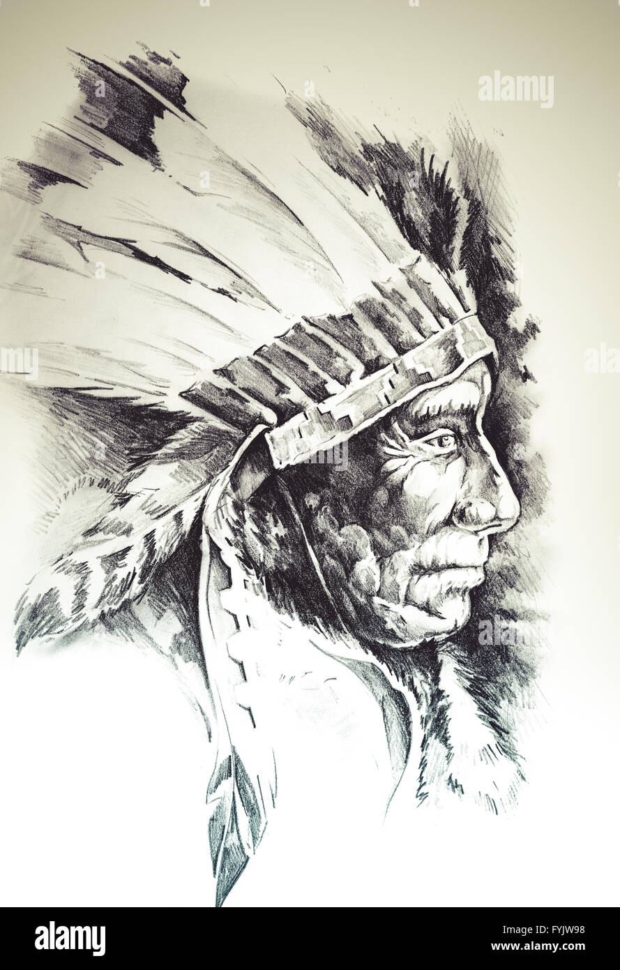 Sketch of tattoo art, native american indian head, chief, isolated Stock Photo