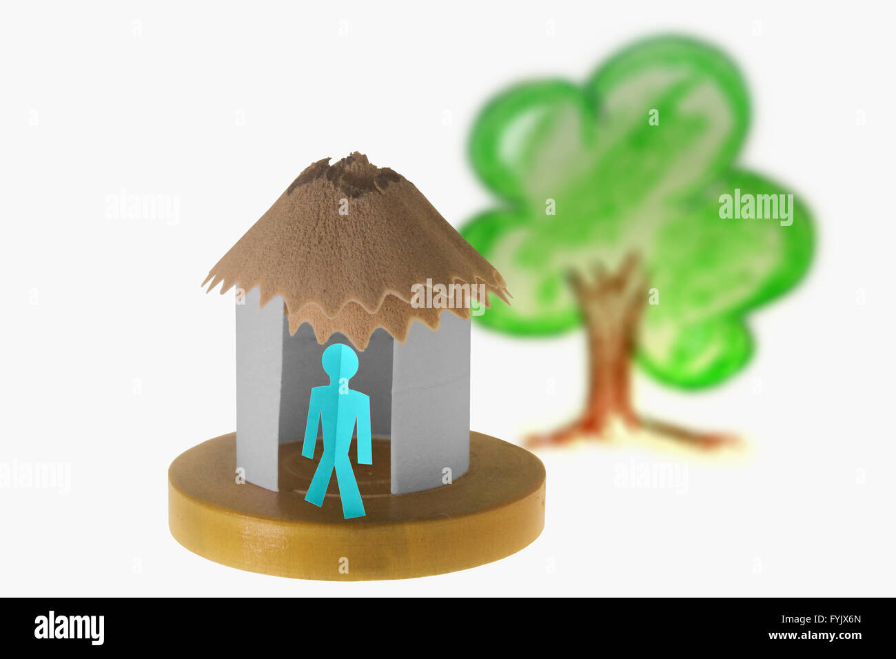 Paper house with paperman, Concept Stock Photo