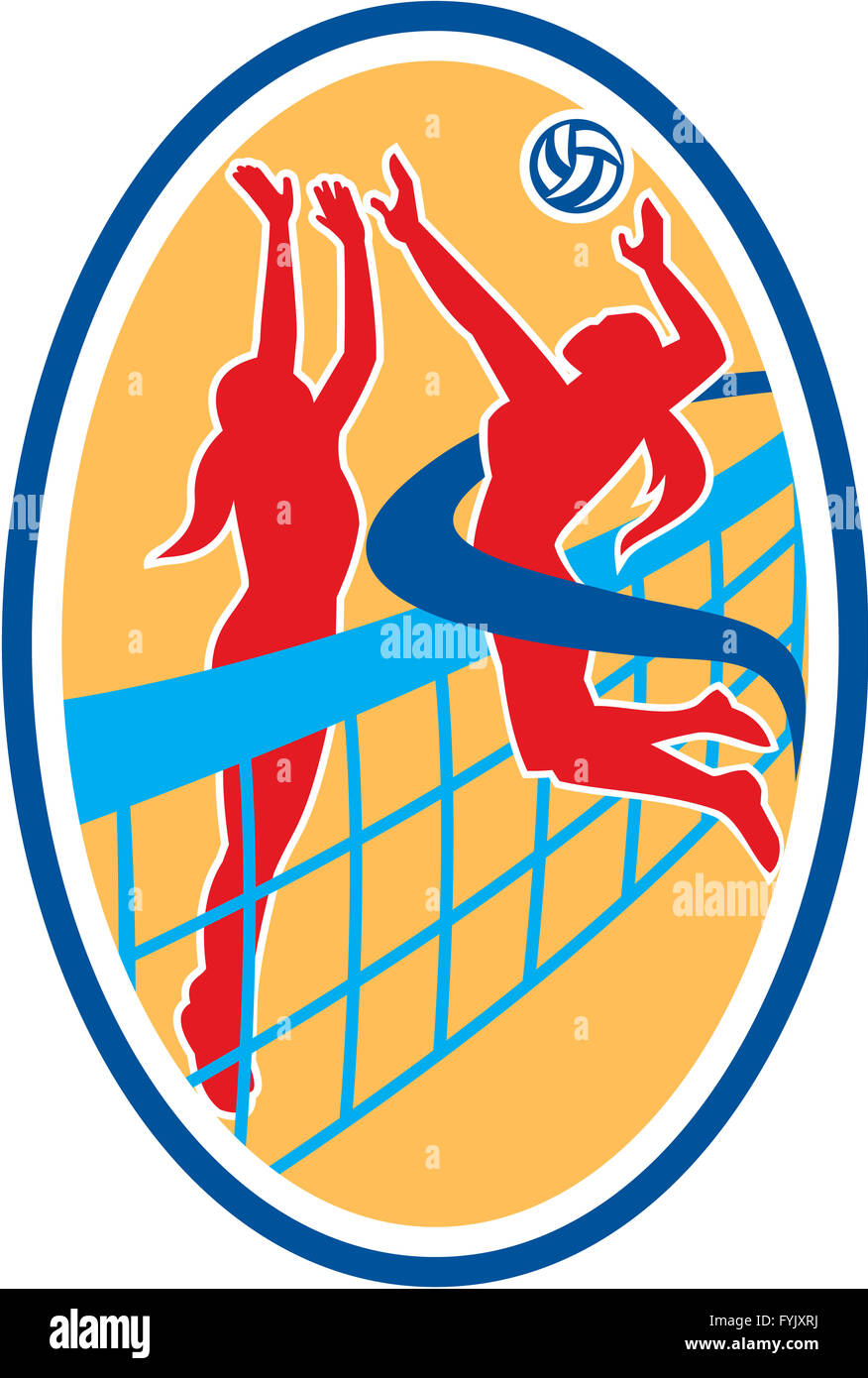 Volleyball Player Spiking Ball Blocking Oval Stock Photo Alamy