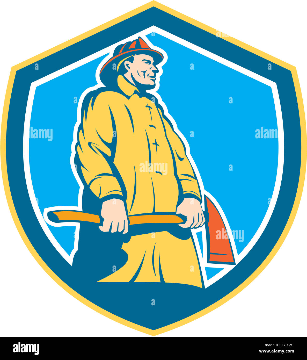 Fireman Firefighter Standing Axe Shield Retro Stock Photo - Alamy