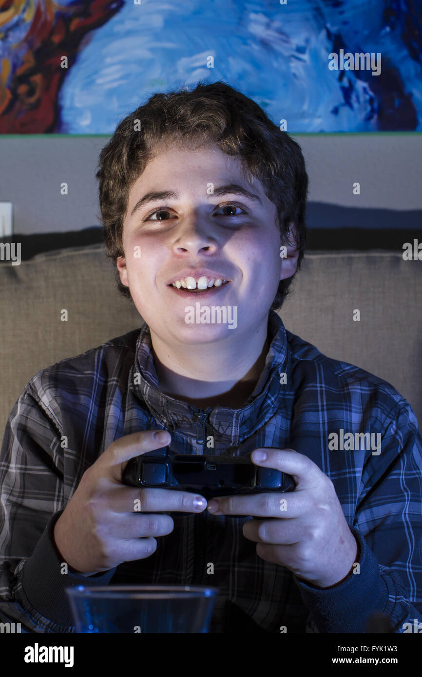 boy with joystick playing computer game at home Stock Photo Alamy