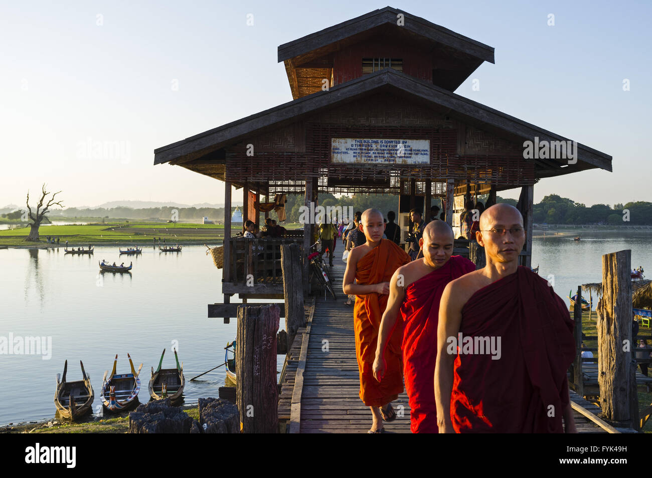 At the U Bein Bridge near Amarapura, Myanmar, Asia Stock Photo