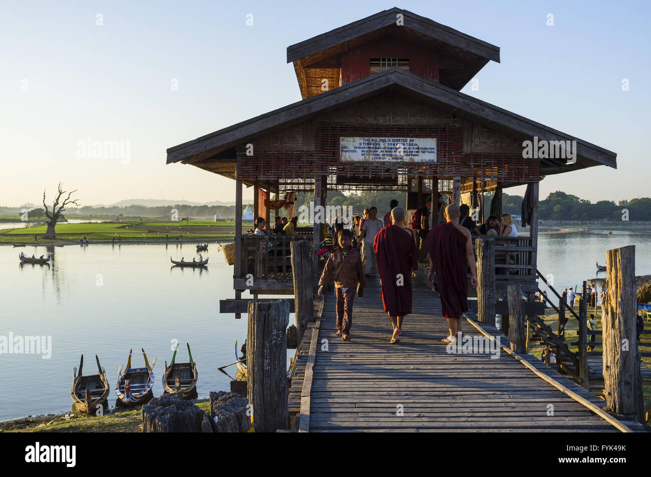 At the U Bein Bridge near Amarapura, Myanmar, Asia Stock Photo