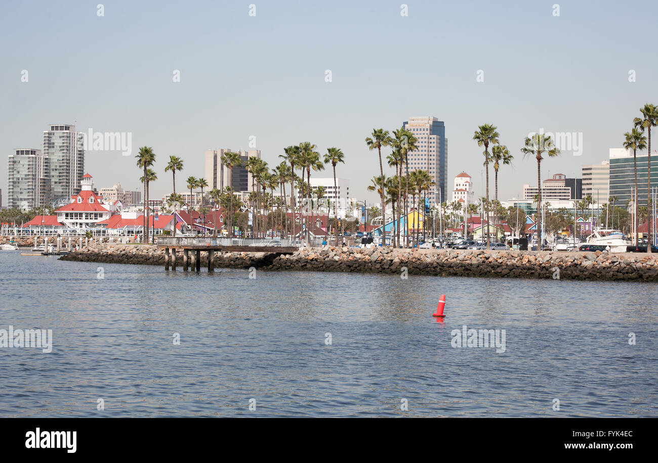 Travel destination Long Beach CA  shoreline featuring the famous parkers lighthouse restaurant and retail shops. Stock Photo