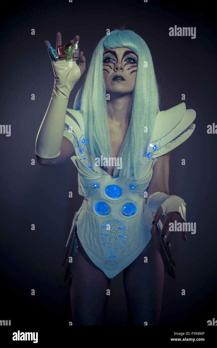 Cyber Droid woman, future robot with white armor dress Stock Photo