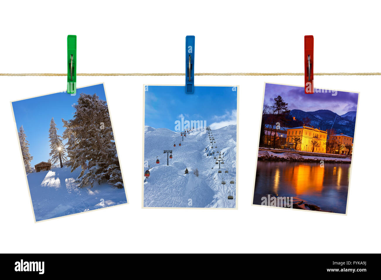 Austria mountains ski photography on clothespins Stock Photo