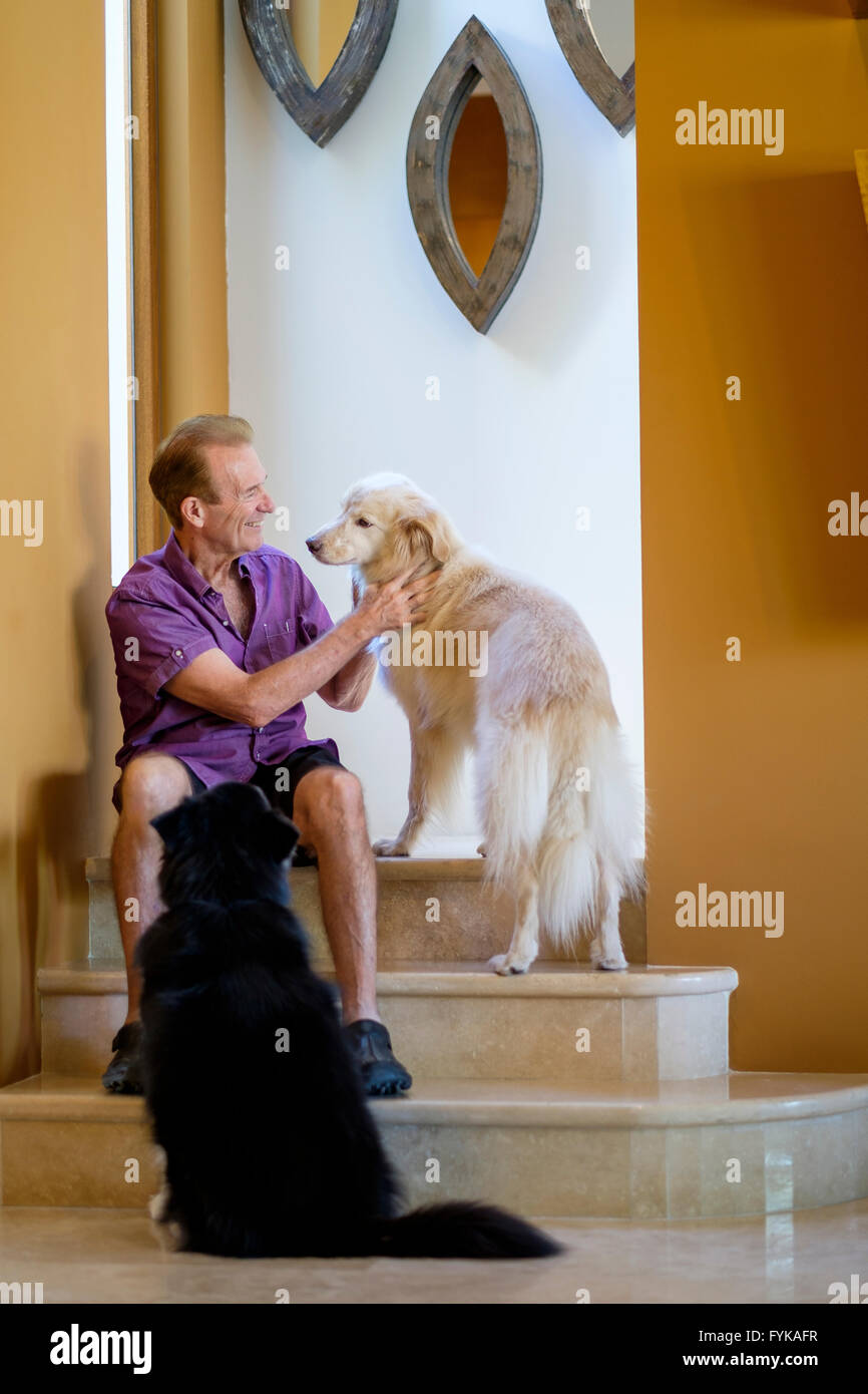 Retired man petting his dogs in his house Stock Photo