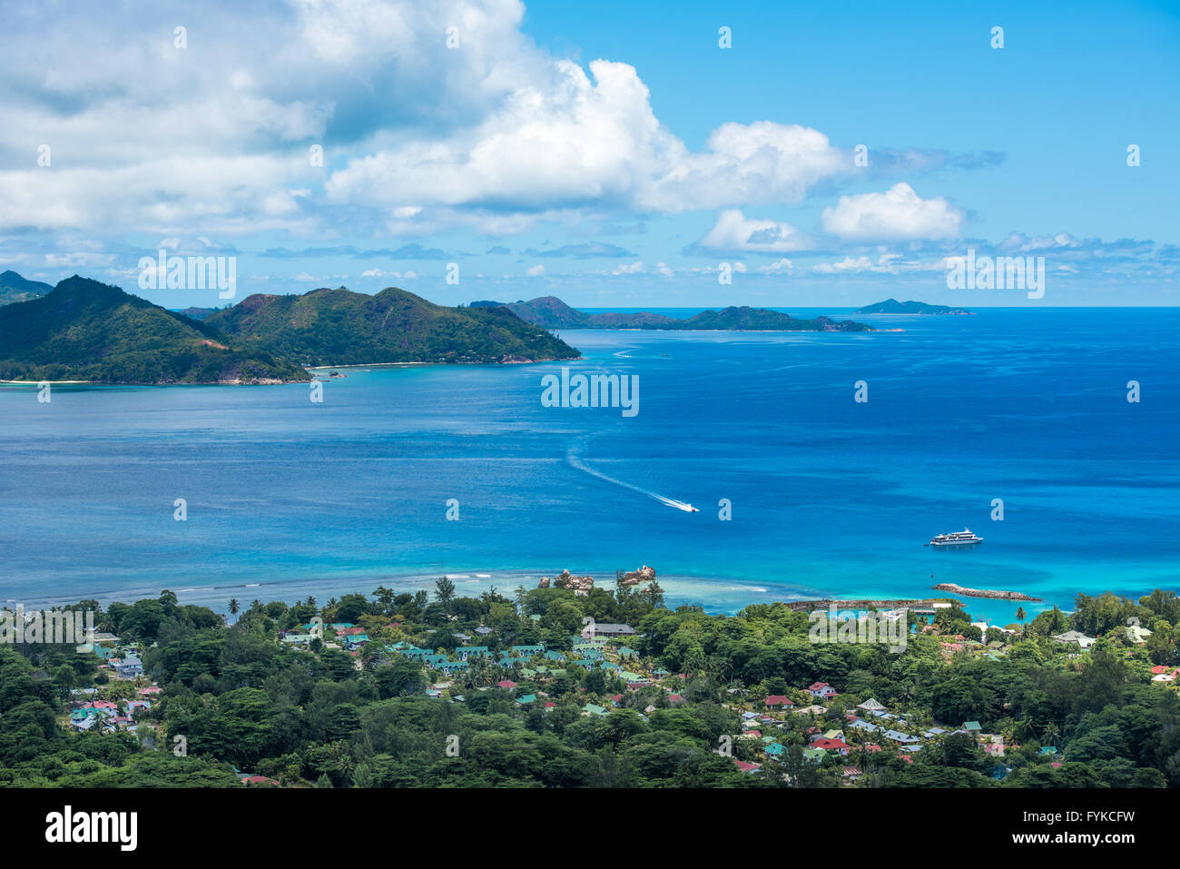 Panorama of La Digue island from Nid d’Aigle viewpoint, Seychelles Stock Photo