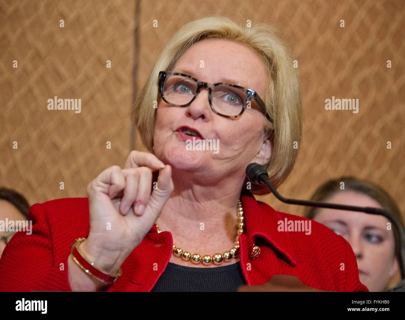 Washington DC, USA. 26th April, 2016.  United States Senator Claire McCaskill (Democrat of Missouri) makes remarks at a press conference calling on the US Senate to pass the 'Campus Accountability and Safety Act' in the US Capitol in Washington, DC on Tuesday, April 26, 2016. Credit:  dpa picture alliance/Alamy Live News Stock Photo