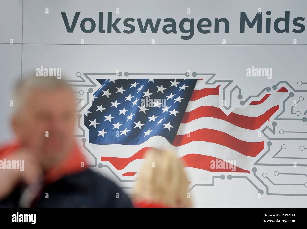 The word Volkswagen above the flag of the United States of America, Germany, city of Hannover, 25. April 2016. Photo: Frank May Stock Photo
