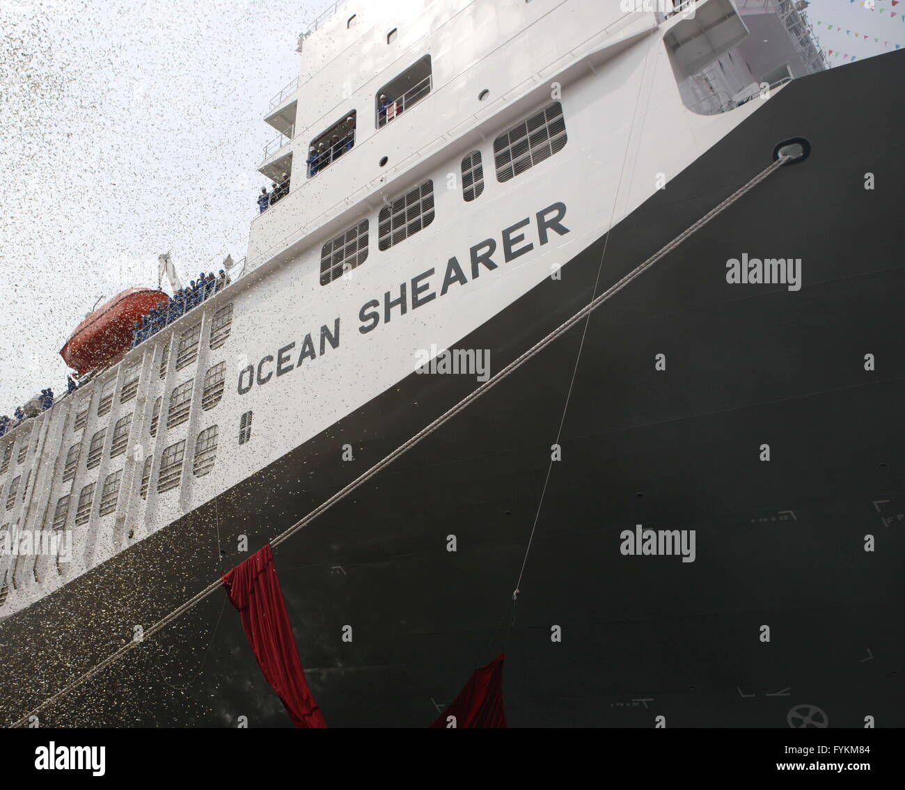 (160427) -- DALIAN, April 27, 2016 (Xinhua) -- Photo taken on April 27, 2016 shows the livestock carrier Ocean Shearer at its unveiling ceremony in Dalian, northeast China's Liaoning Province. The ship is 189.5 meters long, 31.1 meters wide and  and 24.33 meters in moulded depth. Constructed by Cosco Shipyard in Dalian, it is the current largest livestock carrier built in a Chinese shipyard, which could accommodate about 17,000 live cattle. (Xinhua/Ding Hongfa) (zhs) Stock Photo