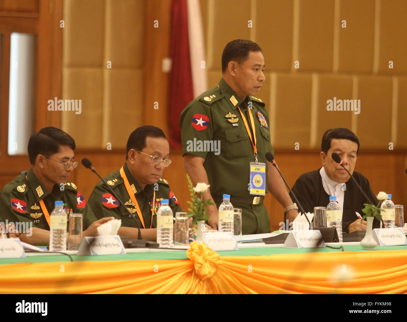 (160427) -- NAY PYI TAW, April 27, 2016 (Xinhua) -- Lieutenant General Yar Pyae (2nd R), chairman of the Joint Monitoring Committee (JMC) for Ceasefire, speaks at the JMC meeting in Nay Pyi Taw, Myanmar, April 27, 2016. Participants of Myanmar's Joint Monitoring Committee (JMC) for Ceasefire Wednesday proposed to rename the Myanmar Peace Center, which has been working for the country's peace process, to National Reconciliation and Peace Center (NRPC). The participants also proposed to appoint Tin Myo Win, personal doctor of State Counselor Aung San Suu Kyi, as the new peace mediator. (Xinhua/U Stock Photo