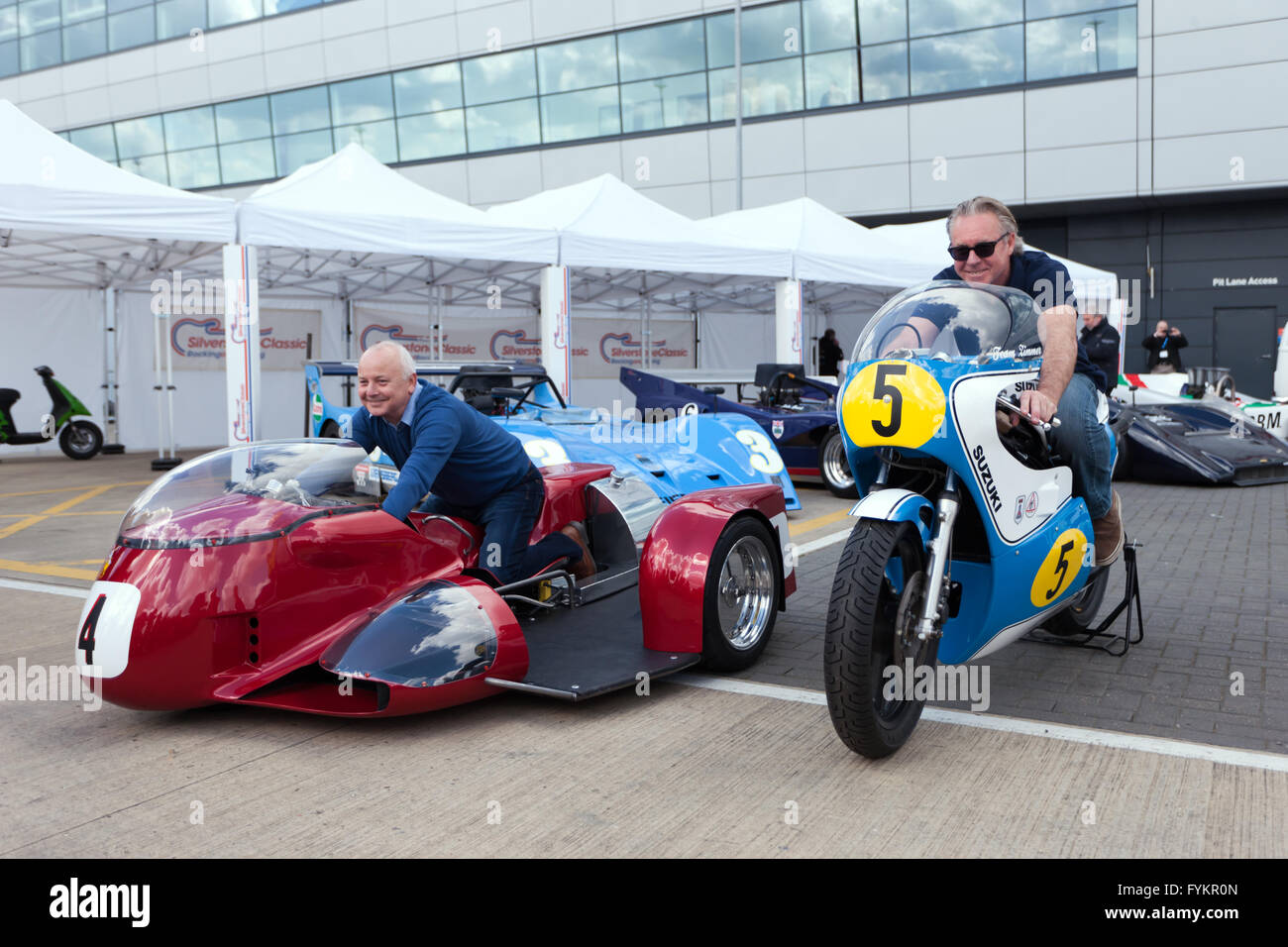 500cc World Champion, Wayne Gardner and Sidecar legend,  Steve Webster was at Silverstone today to announce two very special additions to the Silverstone Classic 2016 line-up: World GP Bike Legends and the Sidecar Salute! Stock Photo