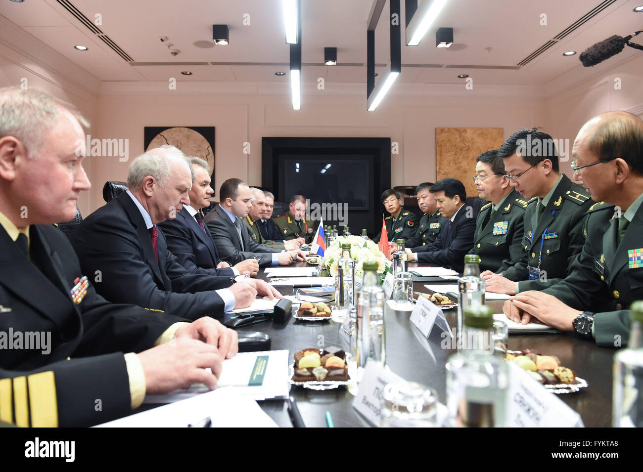 Moscow, Russia. 27th Apr, 2016. Chinese Defense Minister Chang Wanquan (3rd-R) meets with his Russian counterpart Sergei Shoigu (3rd-L) in Moscow, Russia, on April 27, 2016. Visiting Chinese Defense Minister Chang Wanquan met with his Russian counterpart Sergei Shoigu and discussed the development of bilateral military cooperation. © Dai Tianfang/Xinhua/Alamy Live News Stock Photo