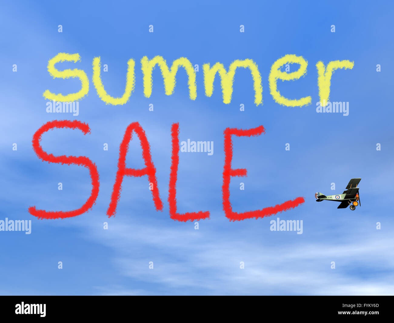 Summer sale message from biplan smoke - 3D render Stock Photo
