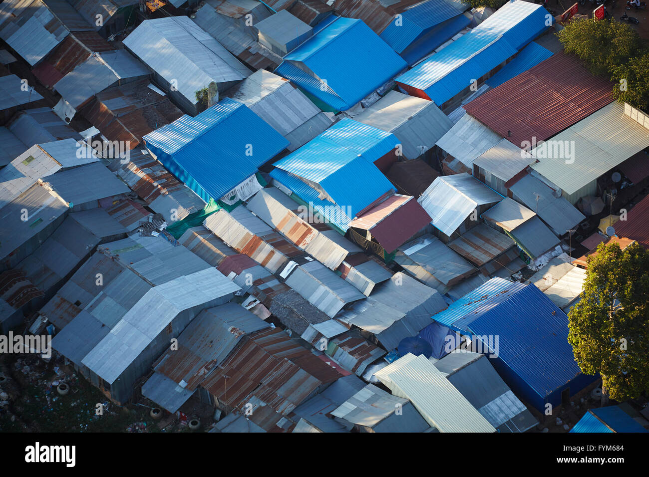 High density corrugated iron houses, Veal, near Siem Reap, Cambodia - aerial Stock Photo